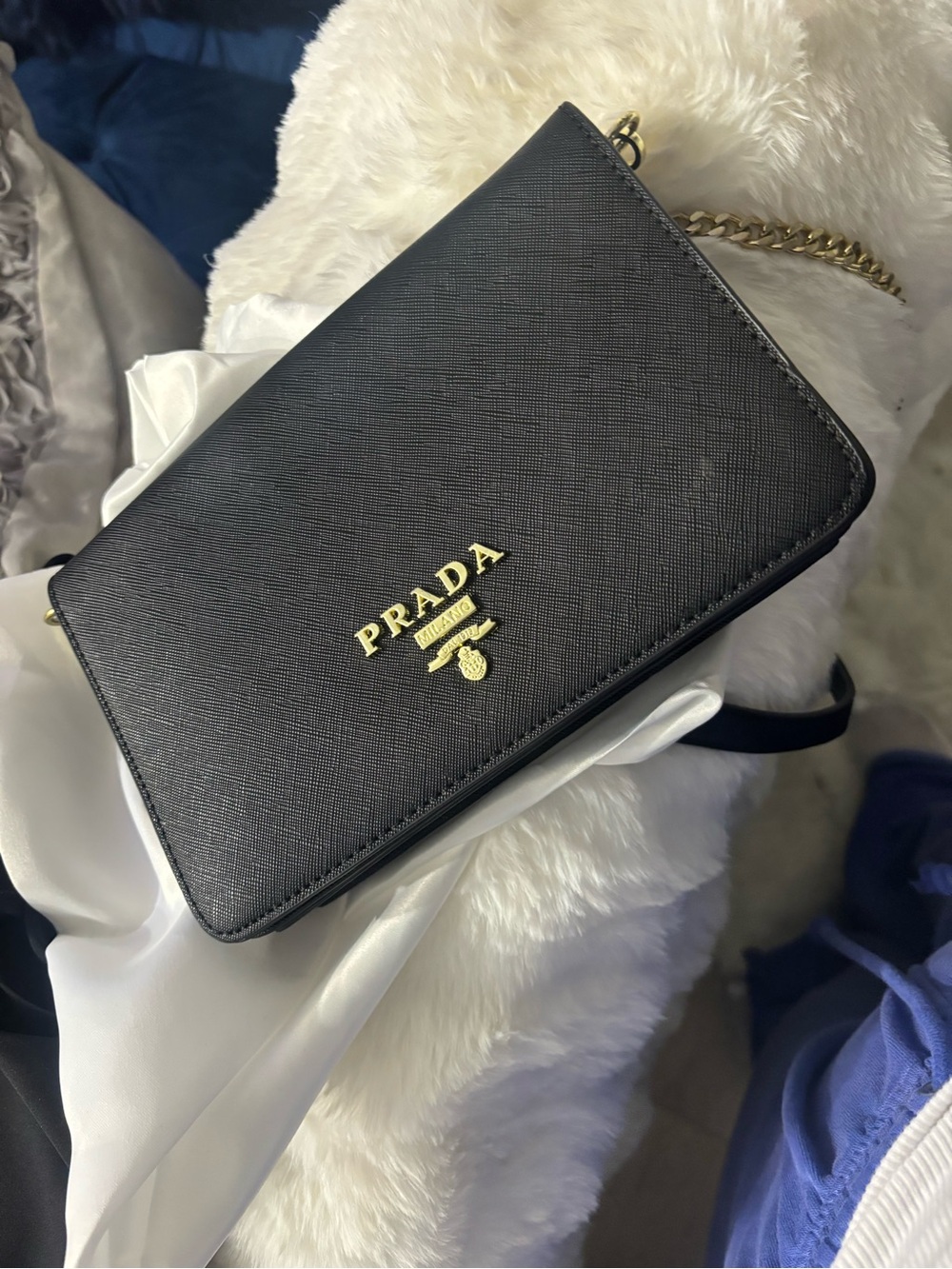 Prada Black Saffiano Crossbody with Gold Logo